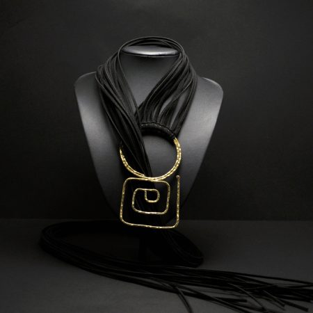 Handmade long necklace with black suede leathers, hammered brass and ancient Greek design