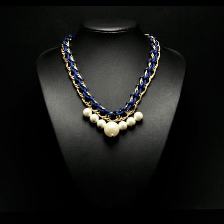 Handmade necklace with chain pearls and blue cord