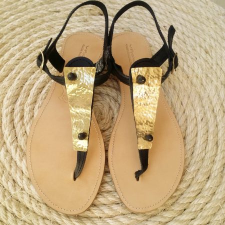 Handmade leather sandals with hammered brass
