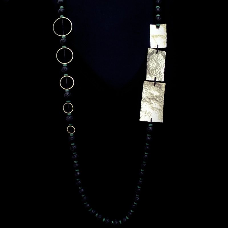 Handmade necklace with semi-precious stones lava and hammered alpaca in geometric shapes